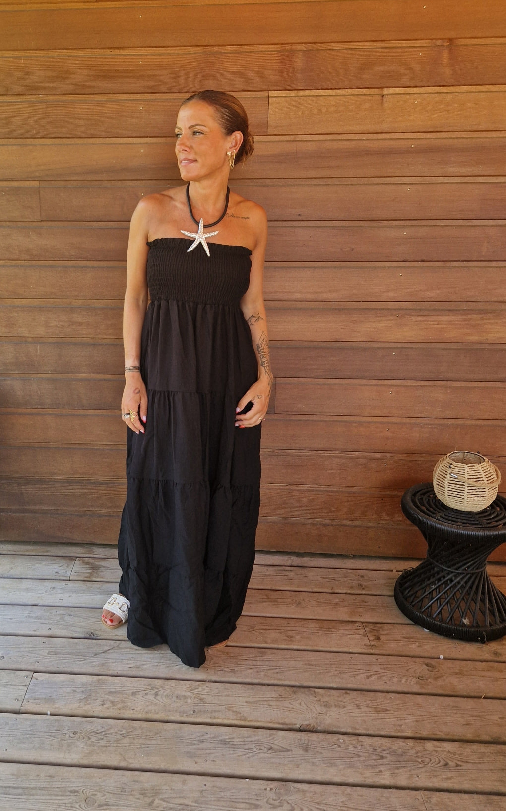 Robe NOA – Robe longue bustier noire en gaze de coton