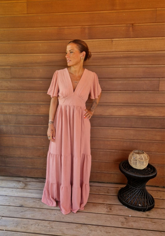 Robe “SOLEA” – Robe fluide col cache-cœur vieux rose