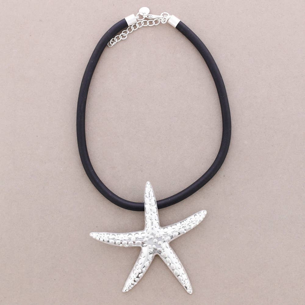 Collier "Sirena Argentée" – Cordon élastique noir & étoile de mer argentée