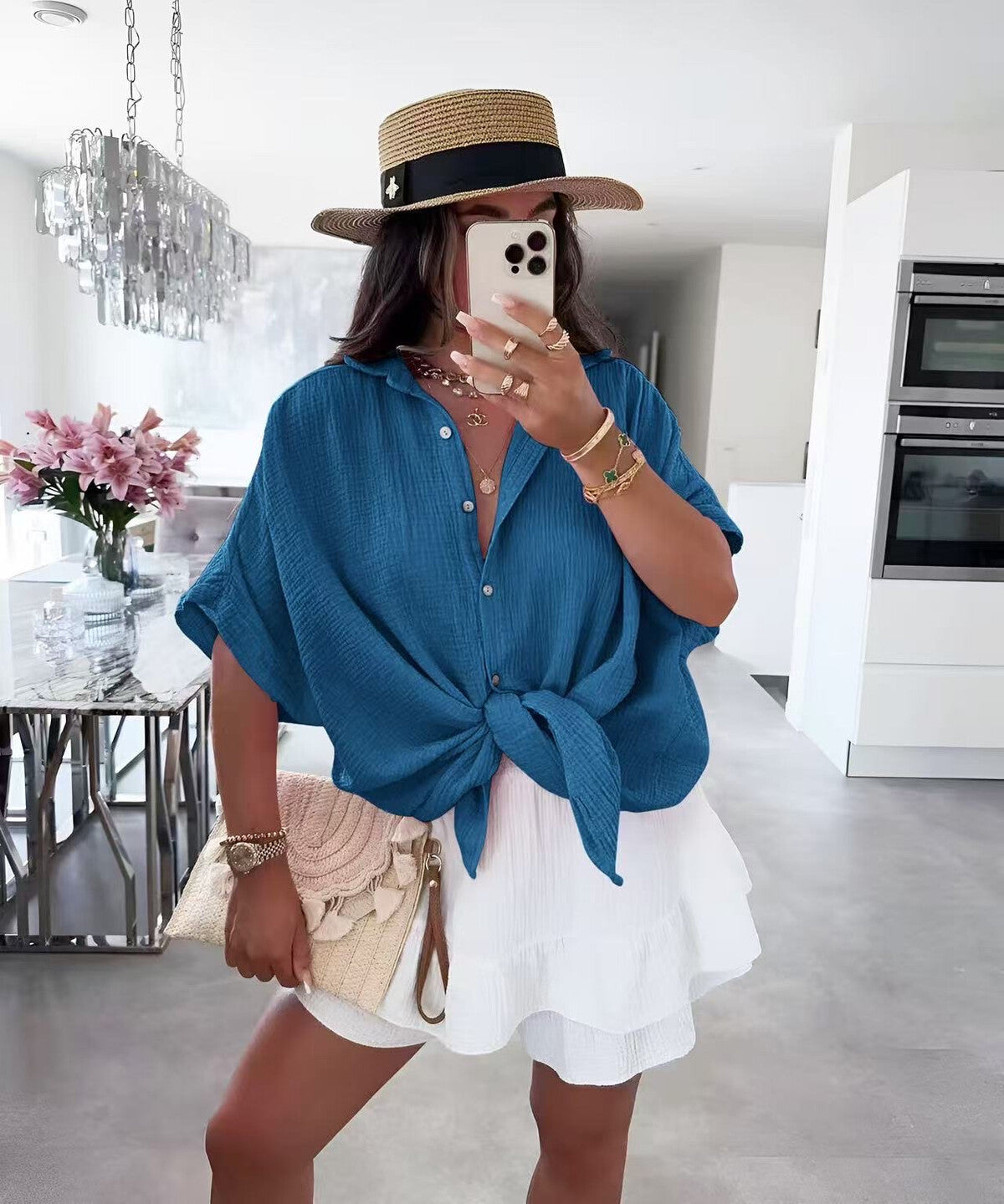 Chemise CALYPSO – Gaze de Coton Bleu Jean à Nouer