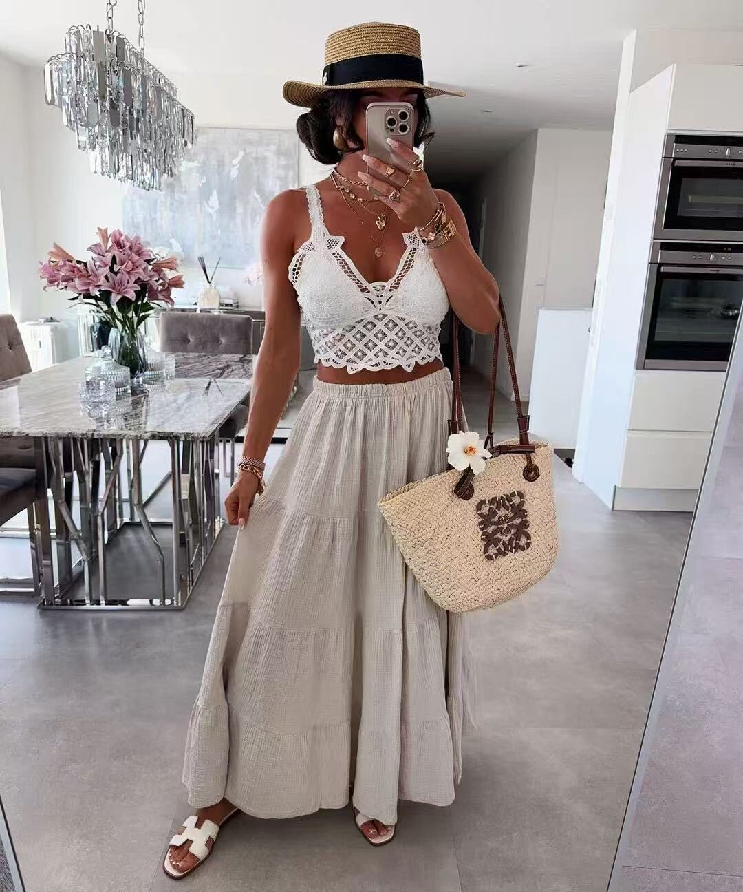 Jupe DOLCE – Gaze de coton beige, taille unique 34-42