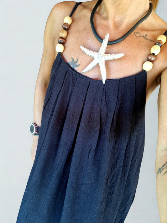 Collier "Sirena Argentée" – Cordon élastique noir & étoile de mer argentée