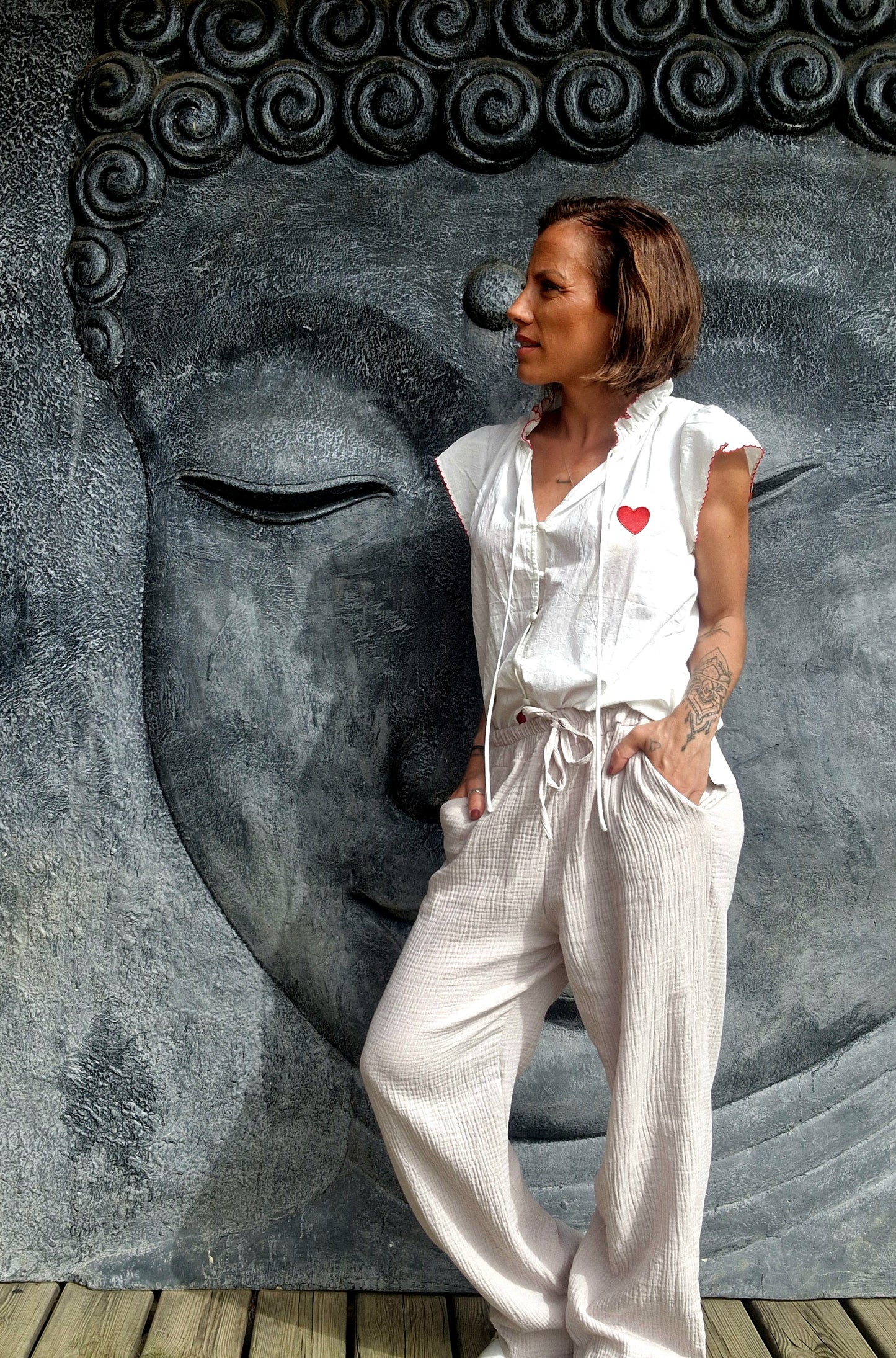 Pantalon SOLEA – Gaze de Coton Beige Taille Unique