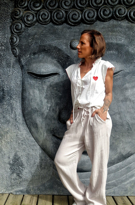 Pantalon SOLEA – Gaze de Coton Beige Taille Unique