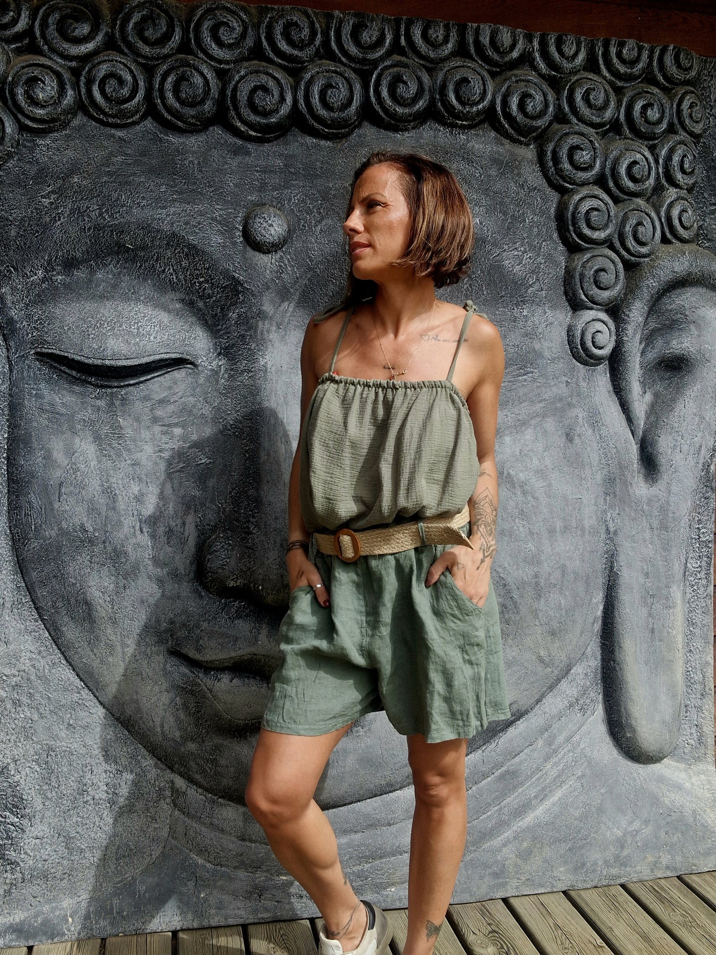 Top NAHIA KAKI – Gaze de coton & bretelles (Taille unique)