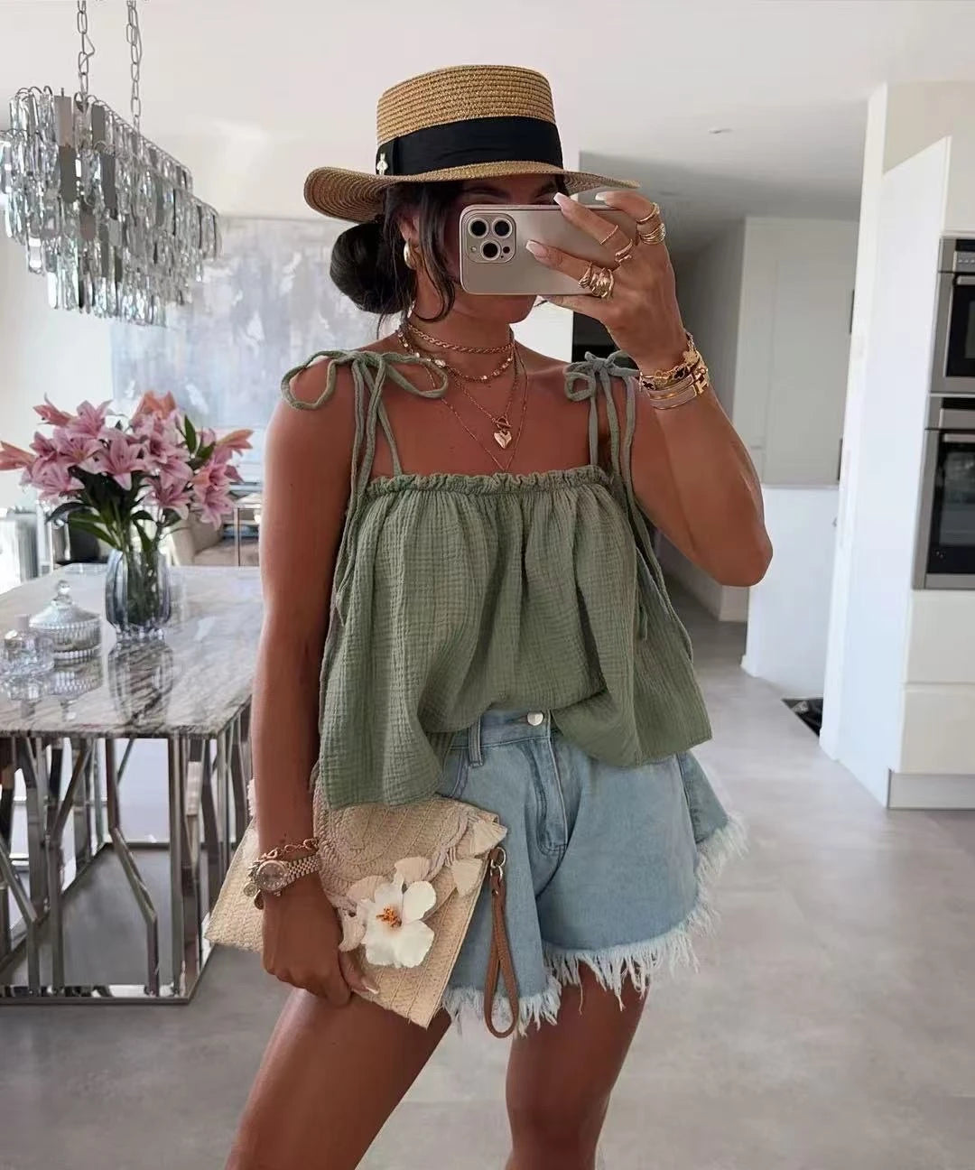 Top NAHIA KAKI – Gaze de coton & bretelles (Taille unique)